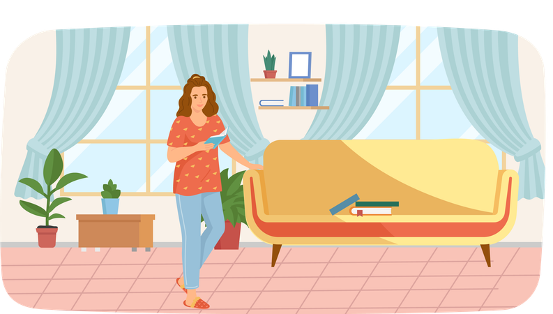 Young woman reading book standing near stack of books in living room  Illustration