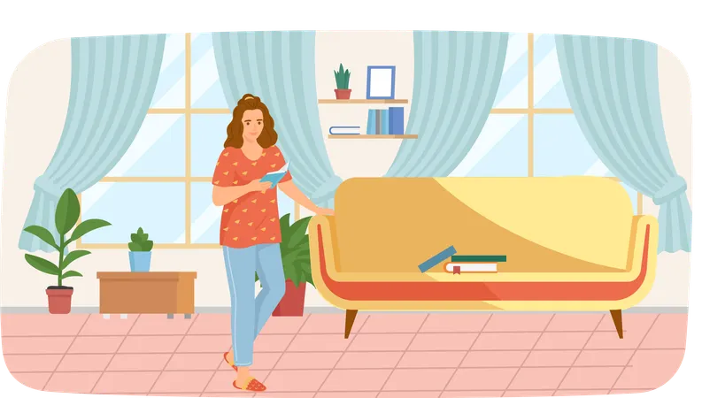 Young woman reading book standing near stack of books in living room  Illustration