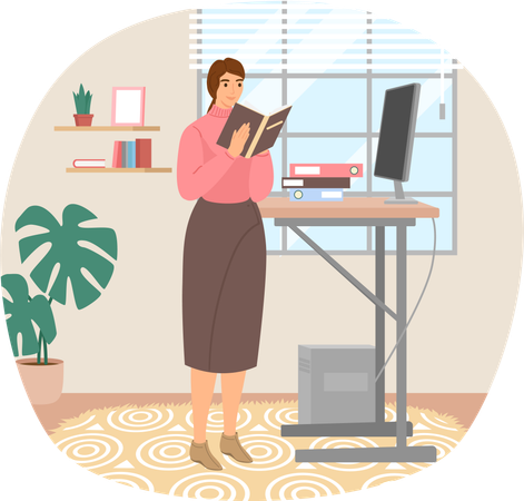 Young woman reading book standing near stack of books in living room  Illustration
