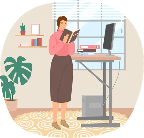 Young woman reading book standing near stack of books in living room  Illustration