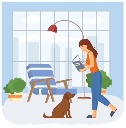 Young woman reading book standing near stack of books in living room  Illustration