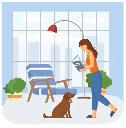 Young woman reading book standing near stack of books in living room  Illustration