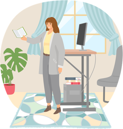 Young woman reading book standing near stack of books in living room  Illustration