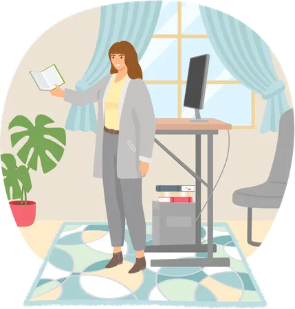 Young woman reading book standing near stack of books in living room  Illustration