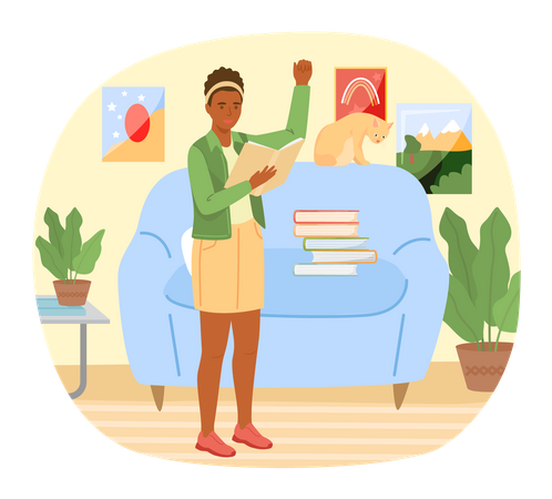 Young woman reading book standing near stack of books in living room  Illustration