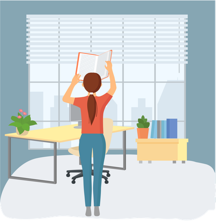 Young woman reading book standing near table in living room  Illustration
