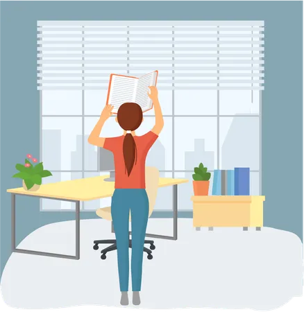 Young woman reading book standing near table in living room  Illustration