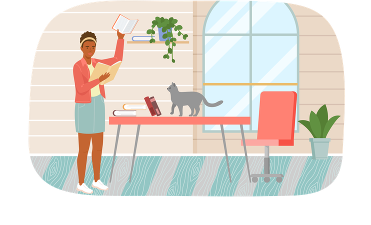 Young woman reading book standing near table with stack of books in living room  Illustration