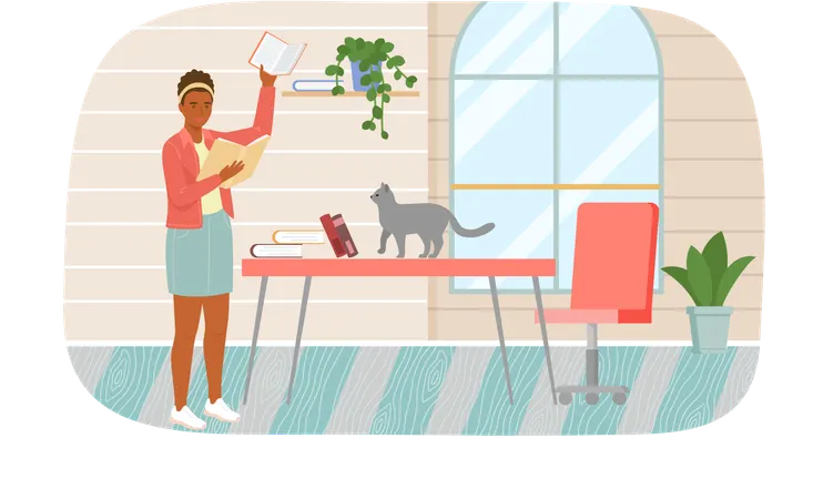 Young woman reading book standing near table with stack of books in living room  Illustration