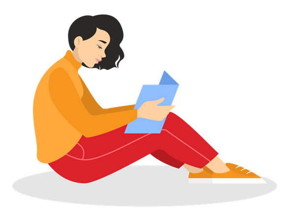 Young woman reading book while sitting on floor Illustration