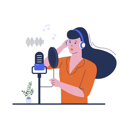 Young Woman Recording A Song In A Professional Music Studio Audio Sound Or Music Recording A Vector Flat Illustration Illustration