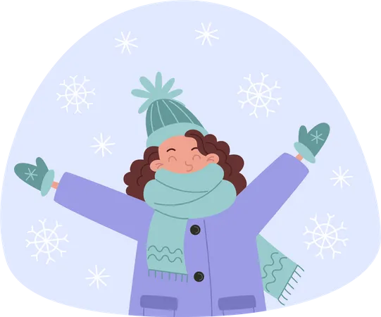 Young woman rejoices snow  Illustration