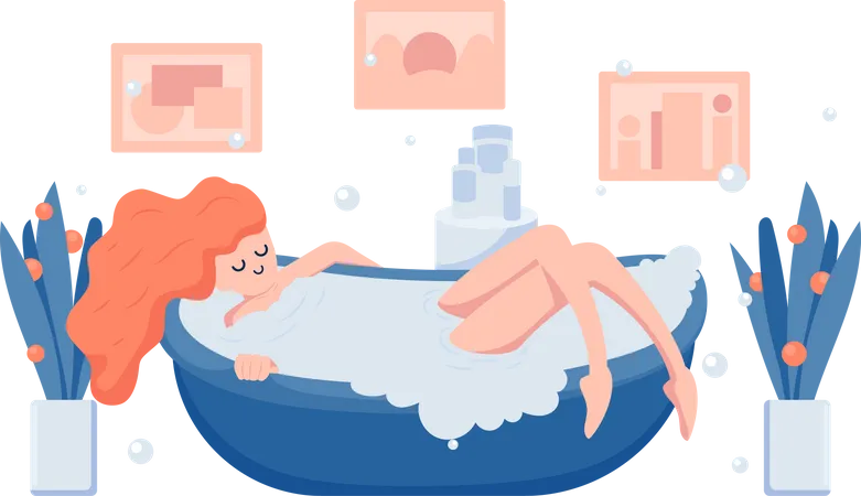 Young Woman Relaxing in Bathtub Illustration