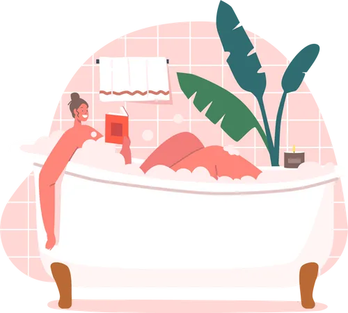 Young Woman Relaxing In Bathtub With Book In Hands Happy Female Character Hygiene And Beauty Procedure Girl Washing Body Sitting In Foamy Bath Tub With Bubbles Cartoon Vector Illustration Illustration