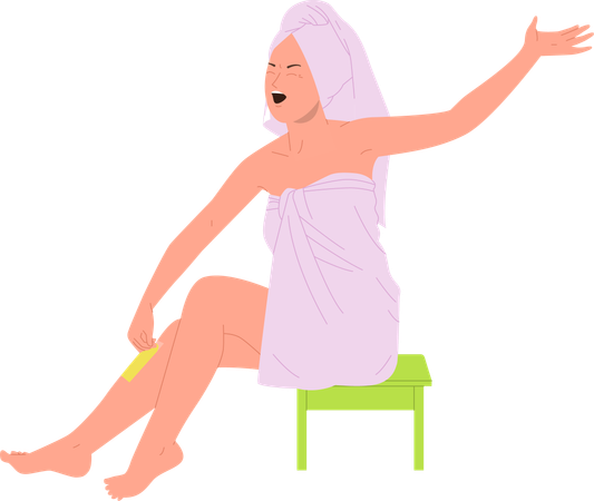 Young woman removing hair from leg using wax strip  Illustration