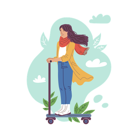 Young woman rides scooter  Illustration