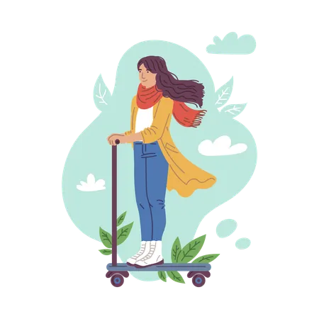 Young woman rides scooter  Illustration