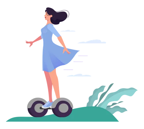 Vector Illustration Of Young Woman Riding A Segway Happy Girl Using An Urban Electric Scooter Beautiful Girl Scating In The Park Illustration