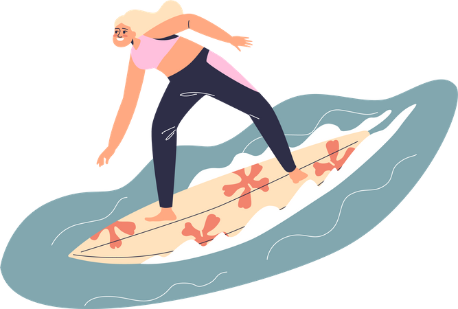 Young woman riding surfboard  일러스트레이션