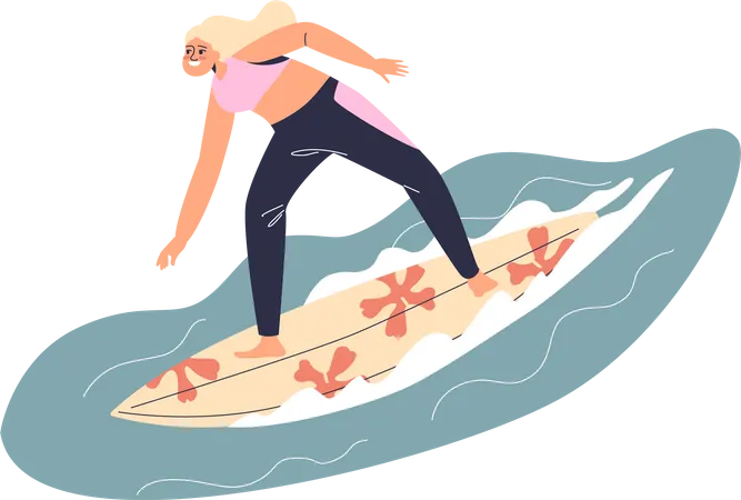 Young Woman Riding Surfboard Female Surfer Enjoy Active Summer Sport On Sea Travel Or Vacation Girl Surfing On Surf Board Summertime And Recreation Concept Cartoon Flat Vector Illustration Illustration