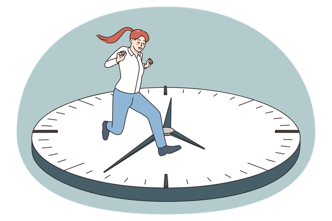 Young woman running on clock surface  Illustration