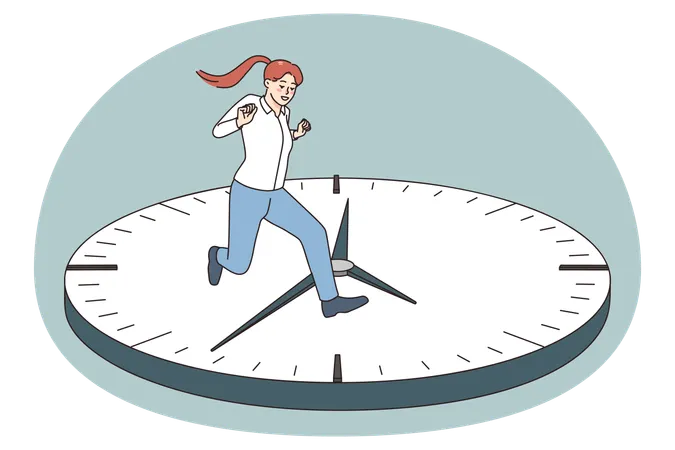 Young woman running on clock surface  Illustration