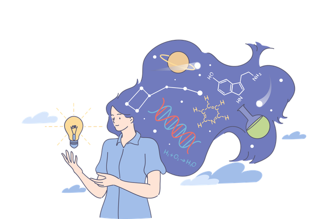 Young woman scientist standing with light bulb and chemical symbols in hair having occupation as experimental chemistry  Illustration