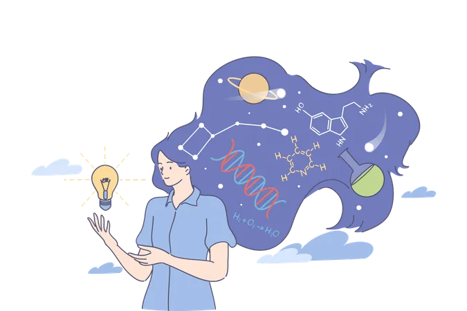 Young woman scientist standing with light bulb and chemical symbols in hair having occupation as experimental chemistry  Illustration