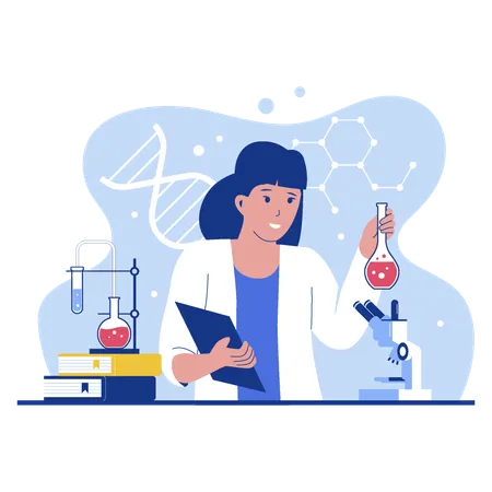 Young Woman Scientist Work In Laboratory Vector Flat Illustration Illustration
