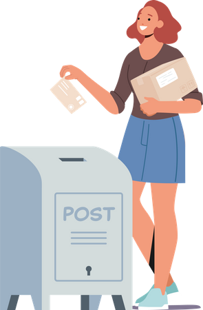 Young Woman Send Letter Throwing Card Into Mail Box Illustration