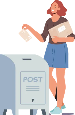 Young Woman Send Letter Throwing Card Into Mail Box Illustration