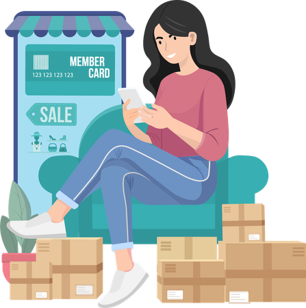 Young woman shopping online By using credit card  Illustration