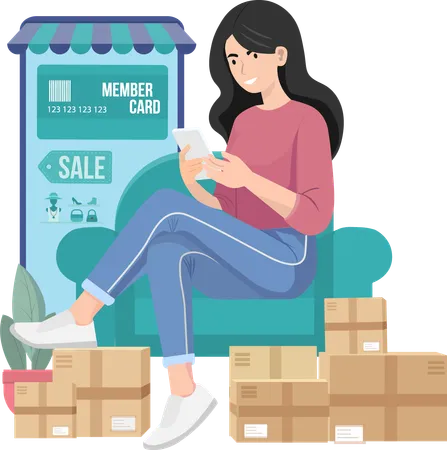 Young woman shopping online By using credit card  Illustration