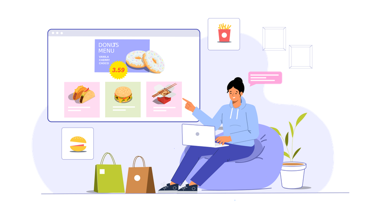 온라인으로 음식을 주문하면서 음식 웹사이트를 보여주는 젊은 여성  일러스트레이션