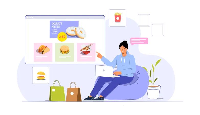온라인으로 음식을 주문하면서 음식 웹사이트를 보여주는 젊은 여성  일러스트레이션