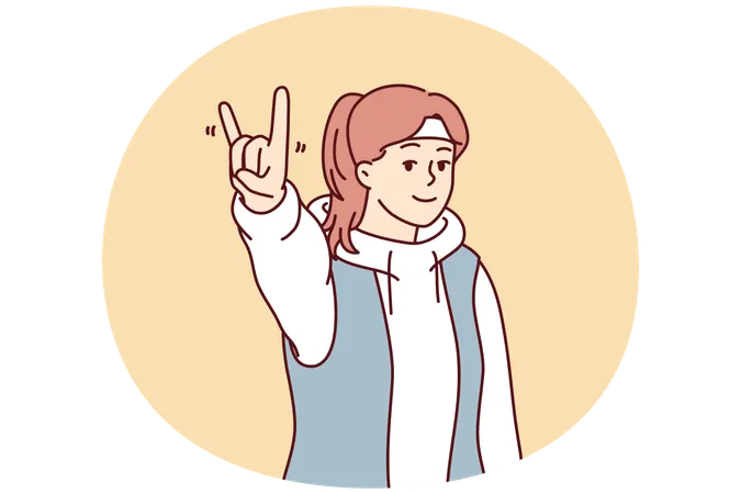 Young woman showing goat gesture demonstrating love for rock and roll to music  Illustration