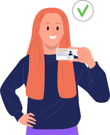 Young woman showing id card with personal data photo and signature for verification  Illustration