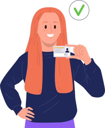 Young woman showing id card with personal data photo and signature for verification  Illustration