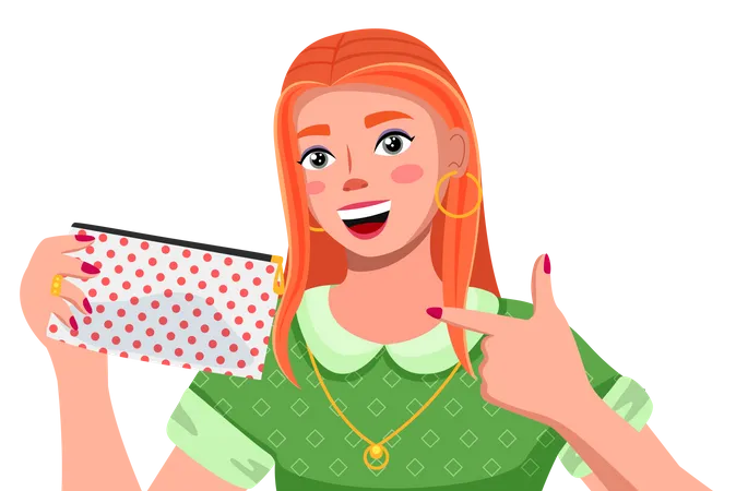 Portrait Of A Young Woman With Red Long Hair Wearing Green Dress Cute Smiling Girl Holding Small Dotted Bag For Cosmetics Pretty Positive Female Character Student Or Businesswoman Beauty Blogger Illustration