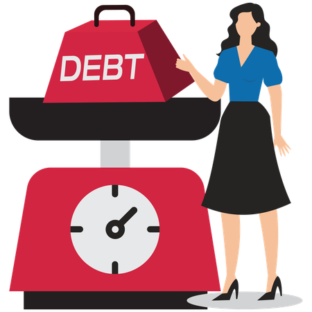 Young woman showing merchant weighing letters debt  Illustration