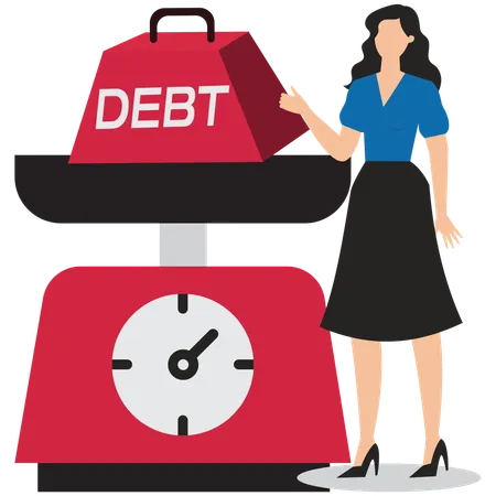 Young woman showing merchant weighing letters debt  Illustration