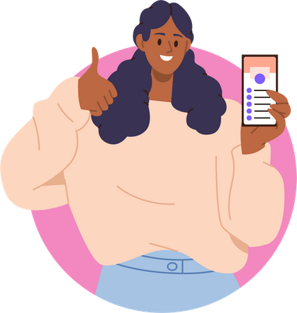 Young woman showing mobile phone screen and gesturing thumbs up giving positive feedback  Illustration