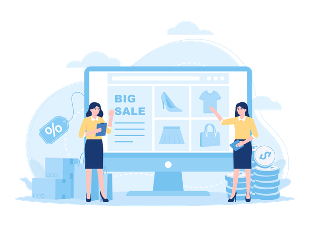 Young woman showing online big sale  Illustration