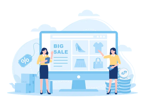 Young woman showing online big sale  Illustration
