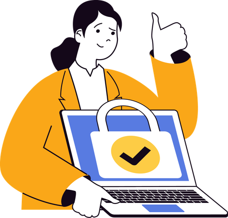 Young woman showing thumbs up while showing laptop security  Illustration