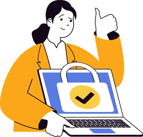 Young woman showing thumbs up while showing laptop security  Illustration