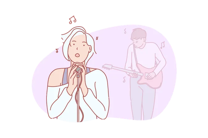 Music Band Singing Concept Young Woman Singer With Man Guitar Player Are Doing Perfomance At Concer Girl Singer Is Standing On Stage And Sing Music Ong On Microphone Simple Flat Vector Illustration