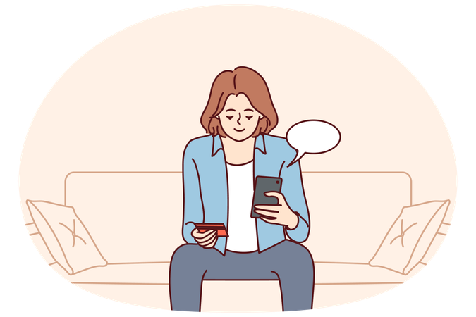 Young woman sit on sofa buy online with credit card  Illustration