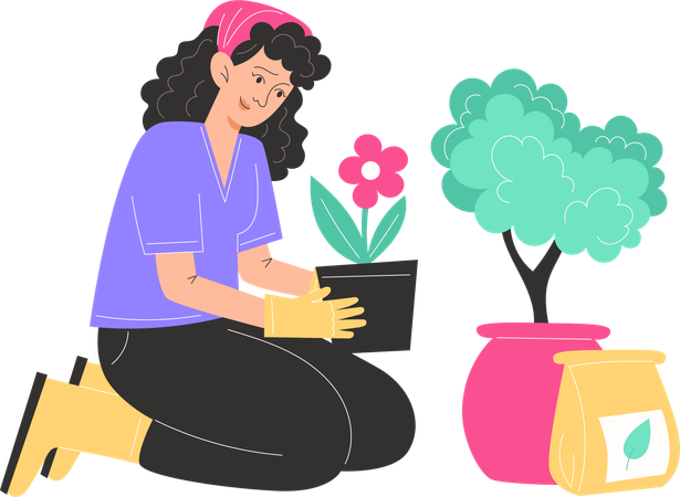 Young woman sits and plants flowers in pots  Illustration