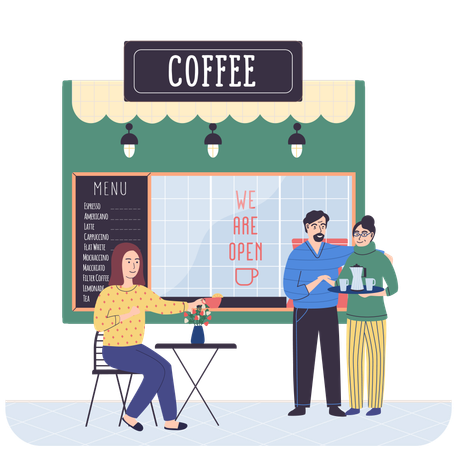 Young woman sits at table in cozy cafe  Illustration